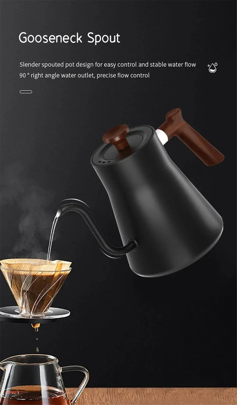 Electric kettle for travel with a sleek black gooseneck spout, pouring hot water into a coffee dripper. Portable and durable for precise brewing.