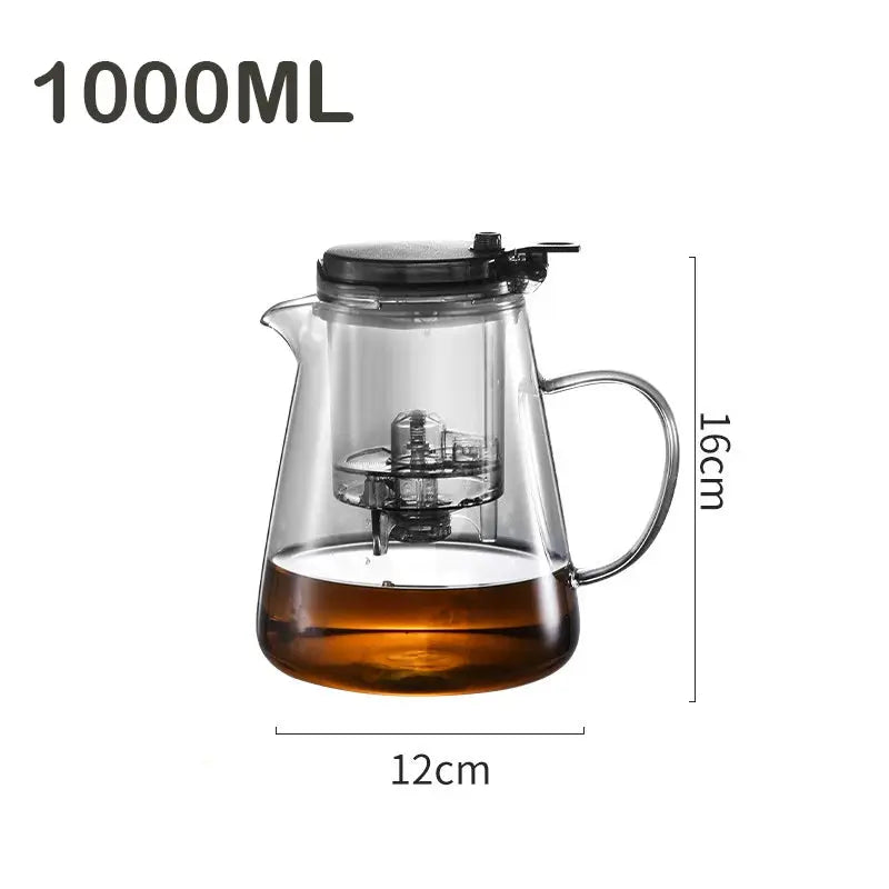 Transparent tea infuser with a PC tea lid, spring pressure valve, and stainless steel filter. Features a sealing silicone ring and removable PC water pressure lever for easy cleaning.