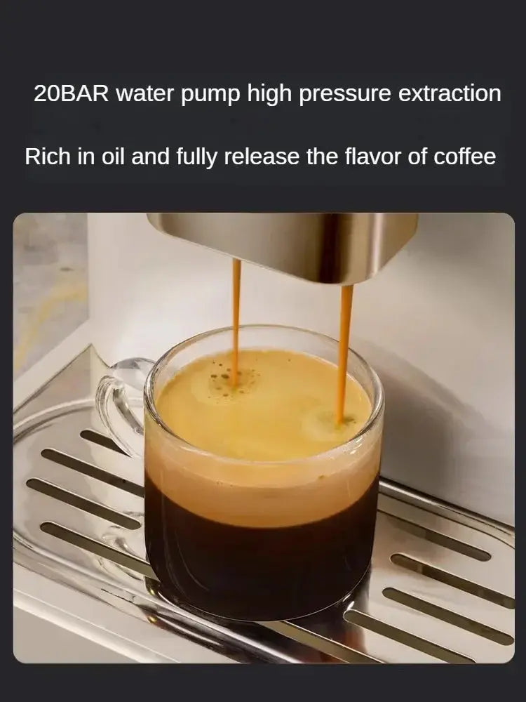 Coffee being extracted into a glass from a high pressure coffee machine.