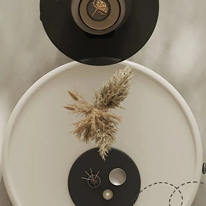 Decorative wall art with black and white circles and dried plants on a beige background