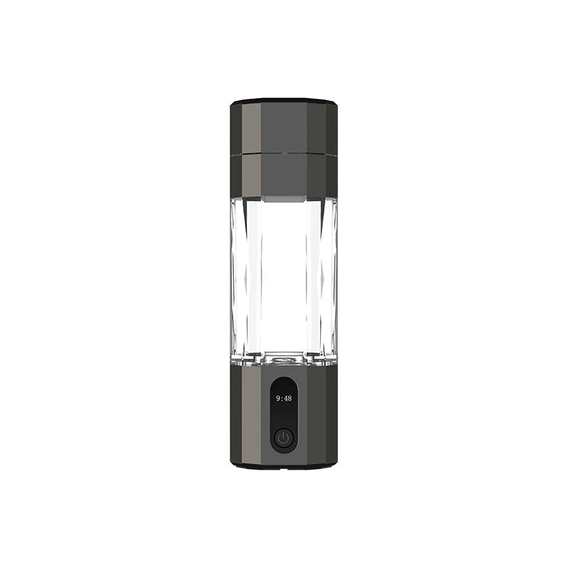Clear and black portable water bottle with digital display on a white background