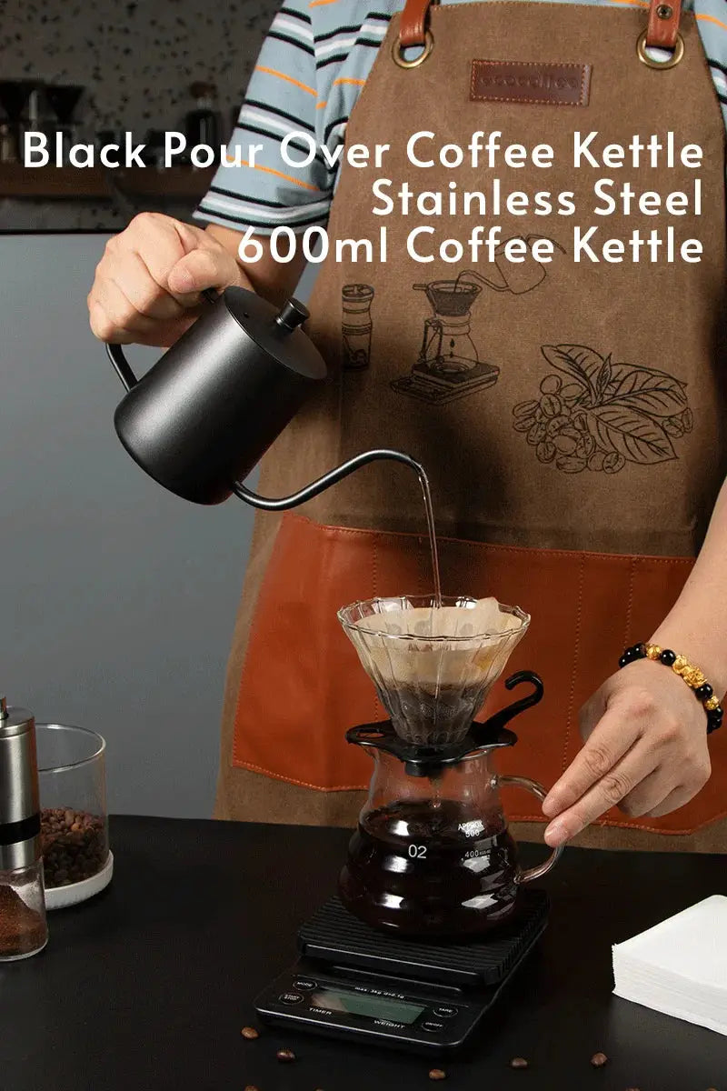 Stainless Steel 600ml Long Gooseneck Spout Barista Espresso Coffee Maker in matte blue with wooden knob lid, ideal for precise pour-over brewing.