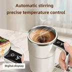 380ml electric self stirring mug with LCD temperature display, leakproof lid, USB-C charging, and stainless steel interior