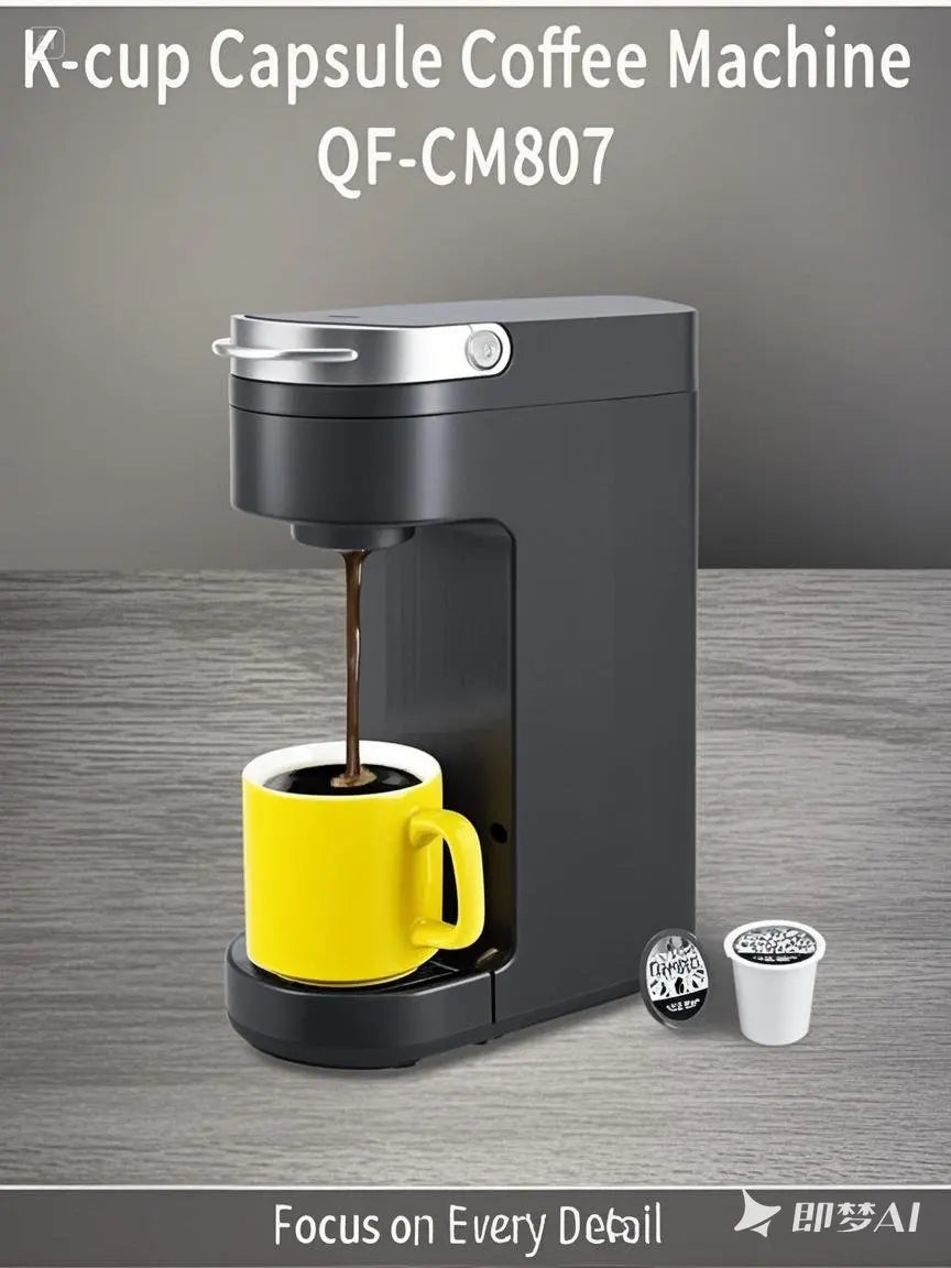 Black K-cup capsule coffee maker is brewing coffee into a bright yellow mug on a wooden surface, with two coffee capsules beside it.
