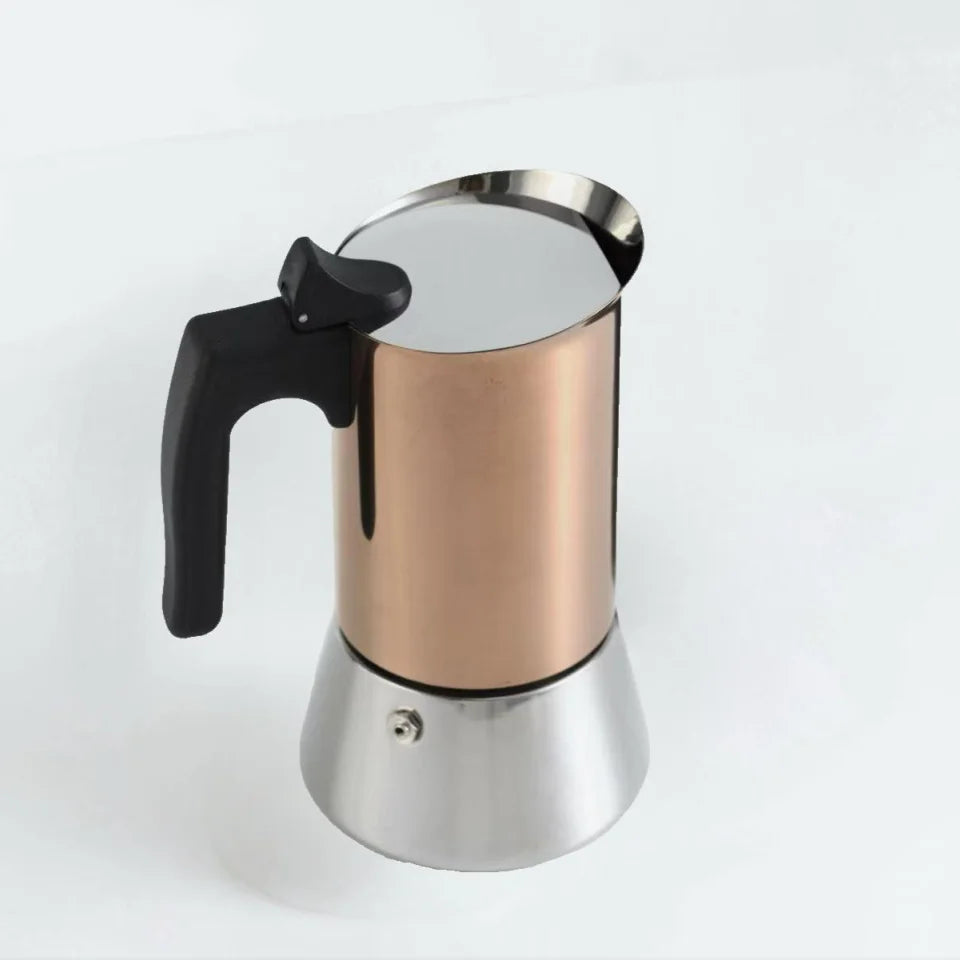 Gold Plated 6 Cup Moka Pot - Stainless Steel Italian Stovetop Espresso Maker, Dual Capacity 4-6 Cups, Induction Ready