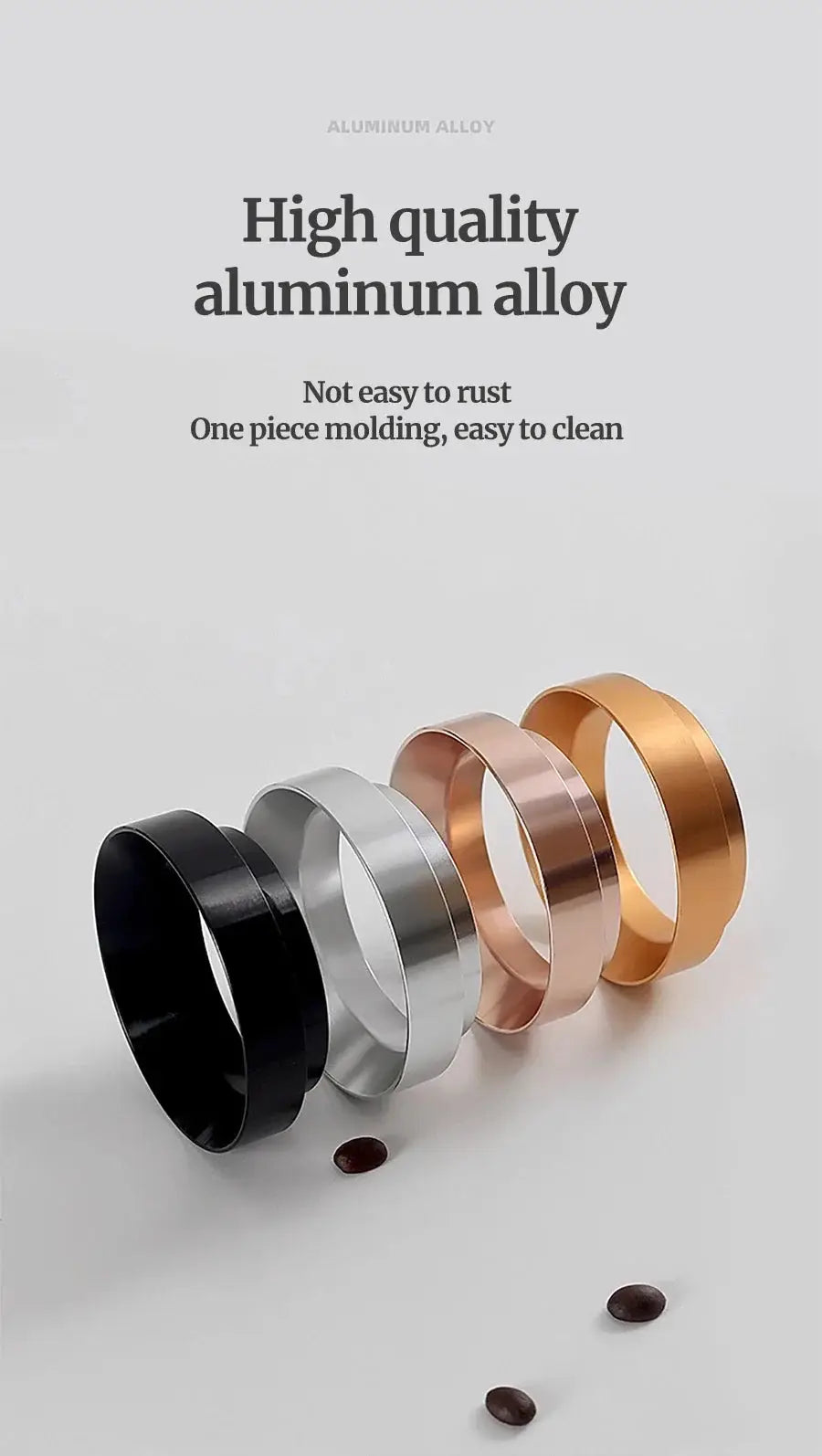 Four metal rings in black, silver, rose gold, and gold on a light gray background with text about high-quality aluminum alloy.