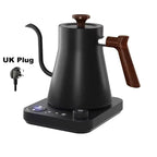 Electric kettle for travel with a sleek black gooseneck design, featuring a wooden handle and digital control base. Ideal for precise coffee brewing.