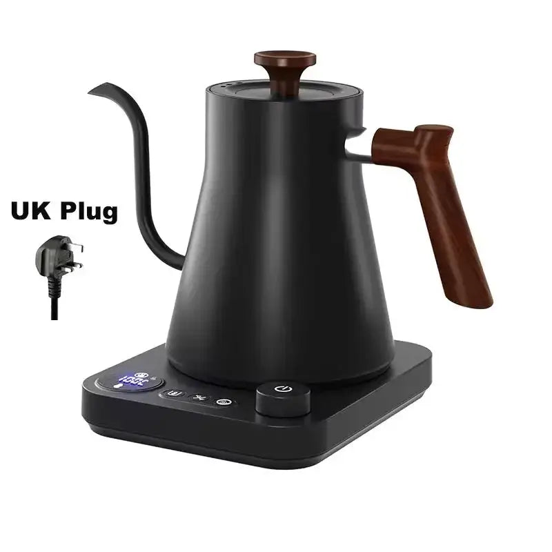 Electric kettle for travel with a sleek black gooseneck design, featuring a wooden handle and digital control base. Ideal for precise coffee brewing.