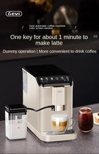 Gevi coffee machine with a cup of coffee and ingredients on a dark surface