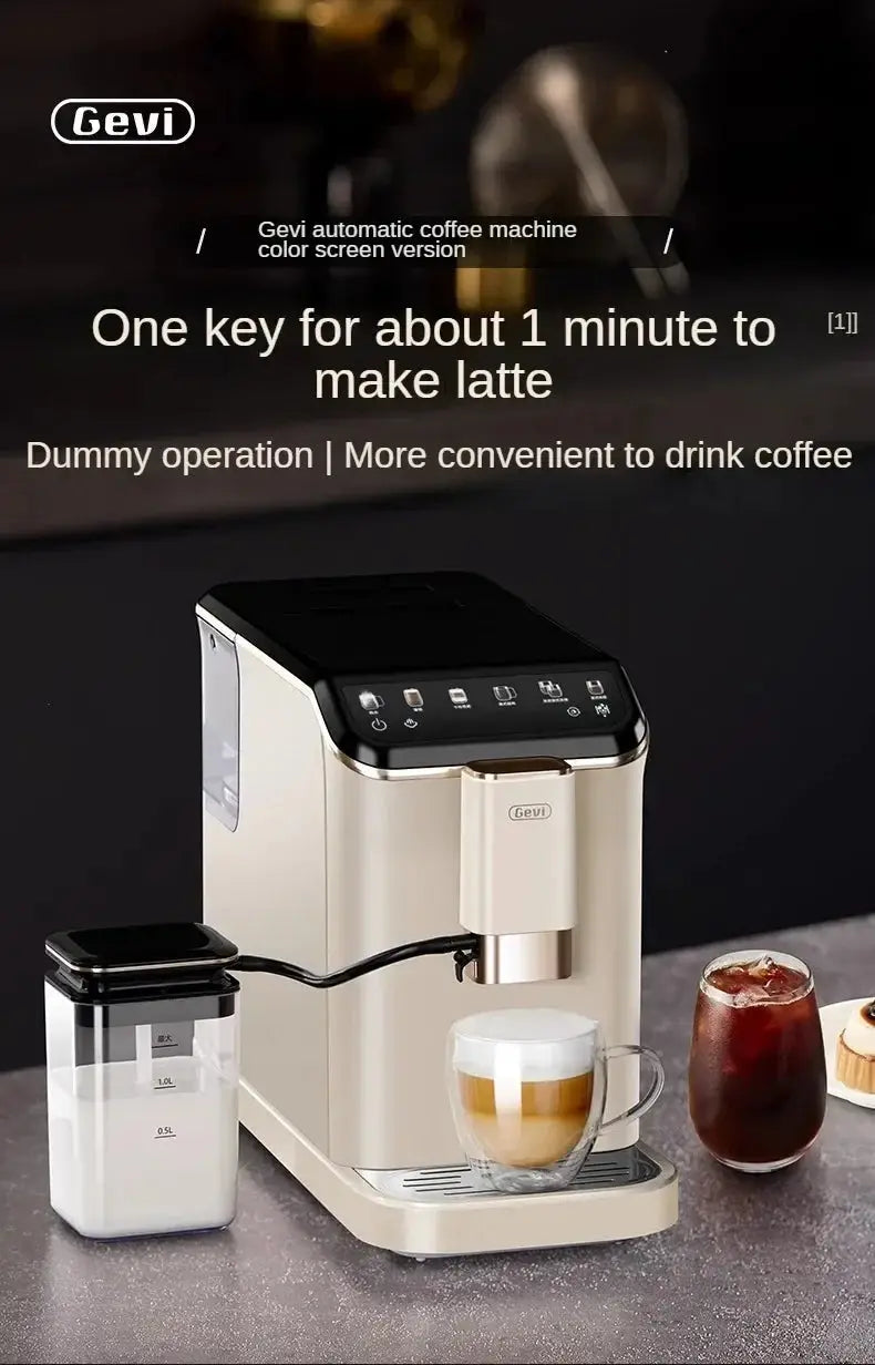 Gevi coffee machine with a cup of coffee and ingredients on a dark surface