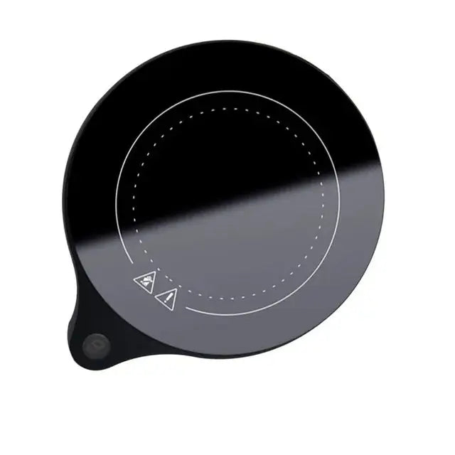 100°C Cup Heater Mug Warmer with automatic power-off, shown warming tea in a glass teapot on a wooden heating pad, ideal for hot beverages.