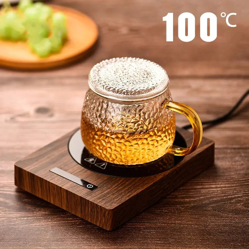 100°C cup heater mug warmer with wood grain finish and digital touch controls, ideal for heating coffee, tea, or milk at 5 temperature levels.