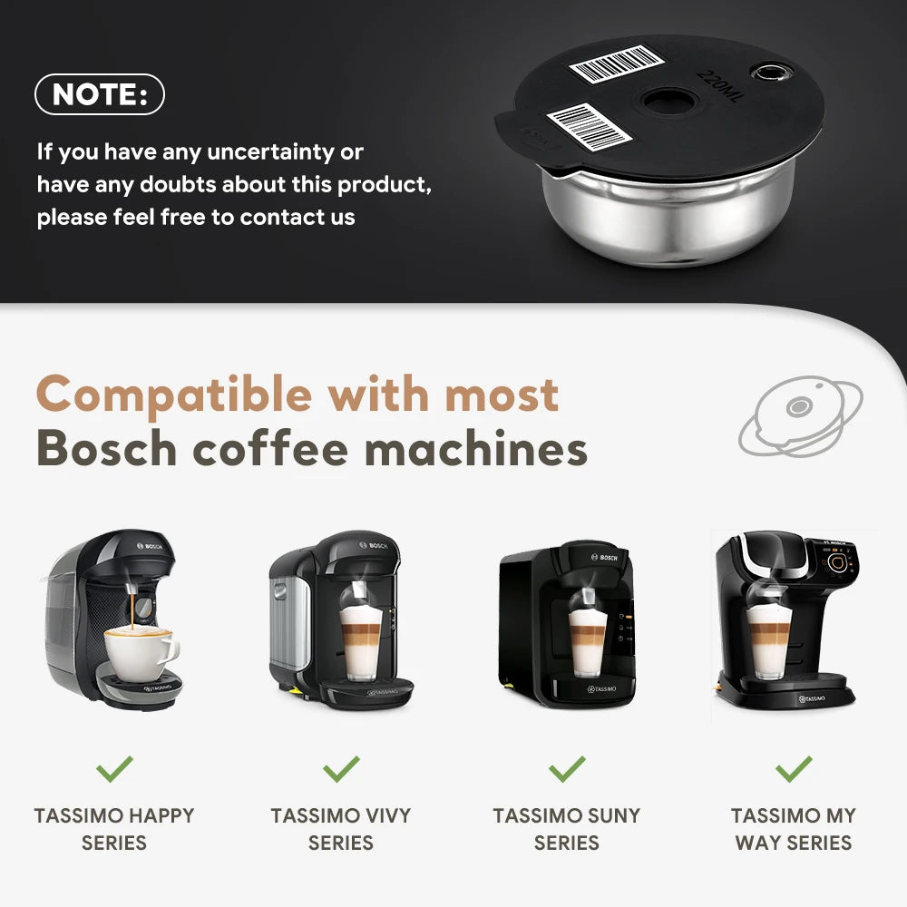 Stainless Steel Reusable Tassimo Pods with 4 Black Silicone Lid Tamper Compatible for-Bosch Tassimo Machine