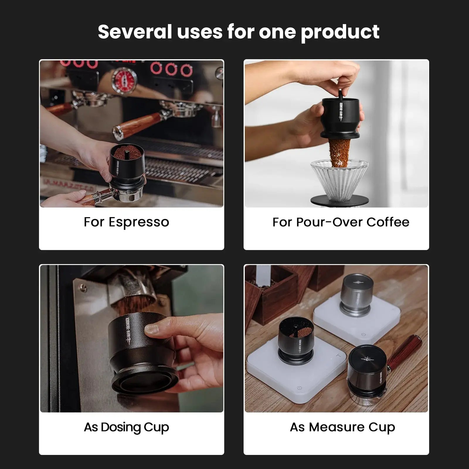 MHW-3BOMBER Coffee Dosing Funnel Aluminum Alloy Dosing Shaker dispensing grounds into a dripper, compatible with 51-54mm portafilters. Ideal espresso accessory for home baristas.
