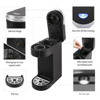 Compact black electric coffee maker with a sleek design, featuring a drip tray and auto shut-off function.