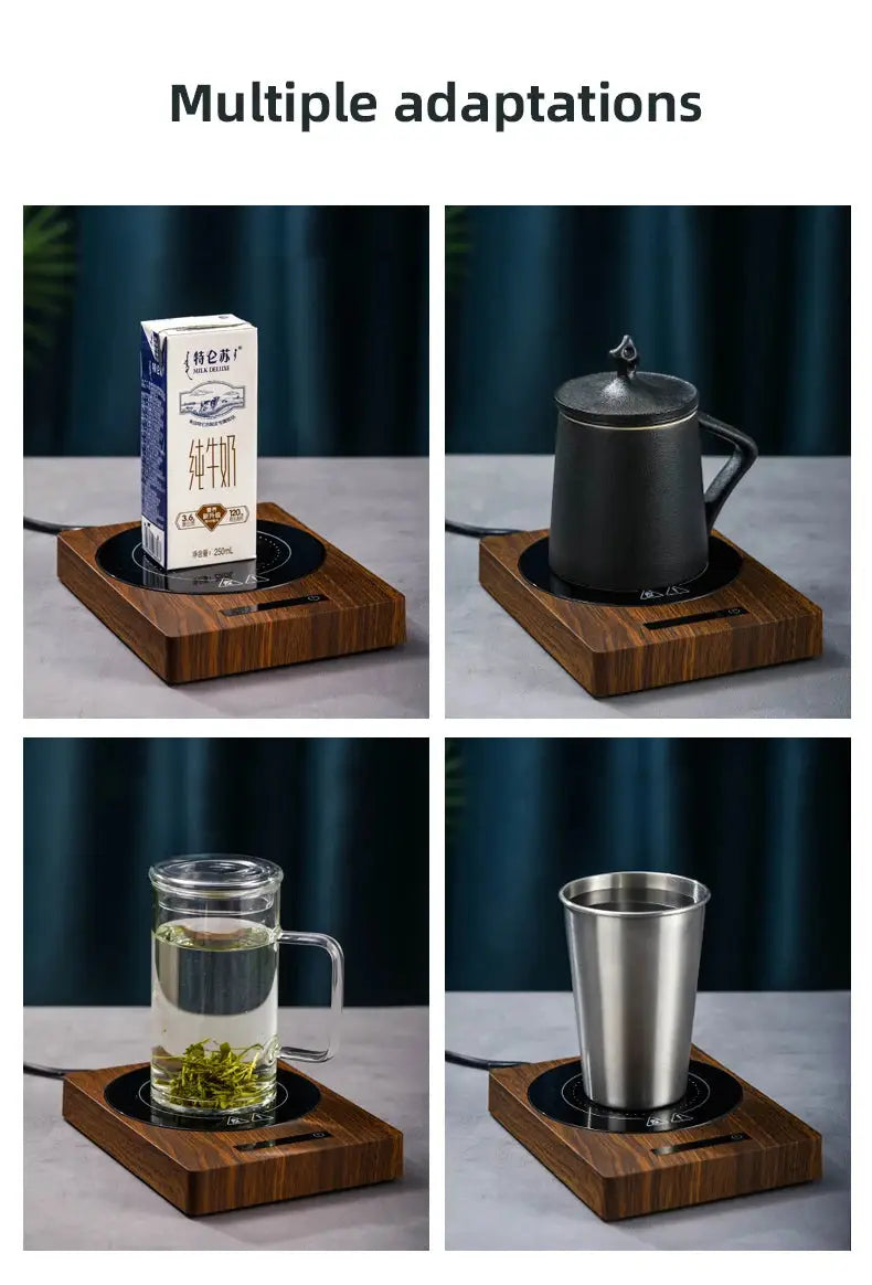100°C Cup Heater Mug Warmer with automatic power-off, shown warming tea in a glass teapot on a wooden heating pad, ideal for hot beverages.