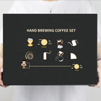 Hand brewing coffee set packaging with icons and text held by a person