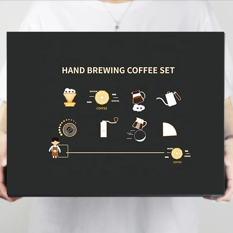 Hand brewing coffee set packaging with icons and text held by a person