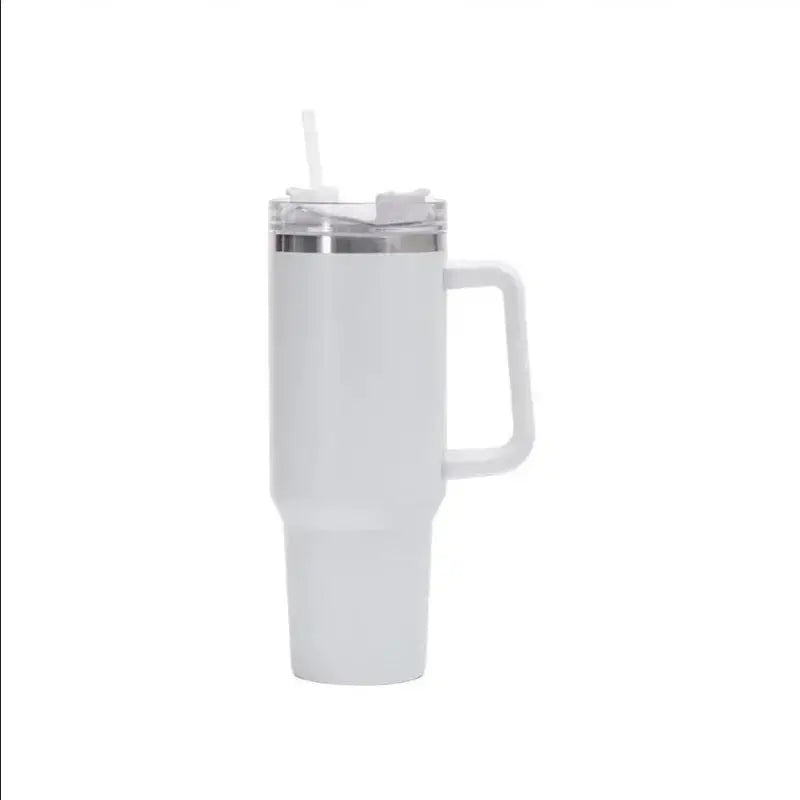 White insulated mug with handle and straw lid on a white background