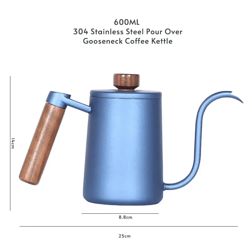 Stainless Steel 600ml Long Gooseneck Spout Barista Espresso Coffee Maker in matte blue with wooden knob lid, ideal for precise pour-over brewing.
