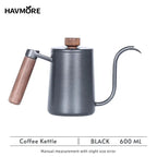 Stainless Steel 600ml Long Gooseneck Spout Barista Espresso Coffee Maker with ergonomic handle and precision pour spout for home brewing. Ideal for pour-over coffee, this black 304 stainless steel kettle is perfect for baristas and kitchen use.