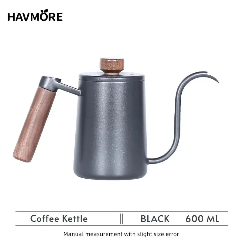 Stainless Steel 600ml Long Gooseneck Spout Barista Espresso Coffee Maker with ergonomic handle and precision pour spout for home brewing. Ideal for pour-over coffee, this black 304 stainless steel kettle is perfect for baristas and kitchen use.