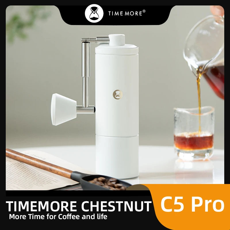 TIMEMORE C5 Pro manual coffee grinder with alloy steel burr, textured metal body, 30g chamber, and cleaning brush