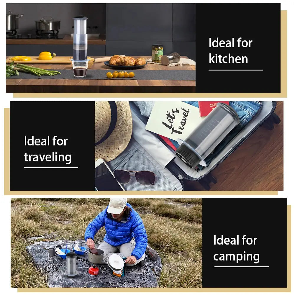 Three scenarios showing a product's versatility: kitchen, traveling, and camping.