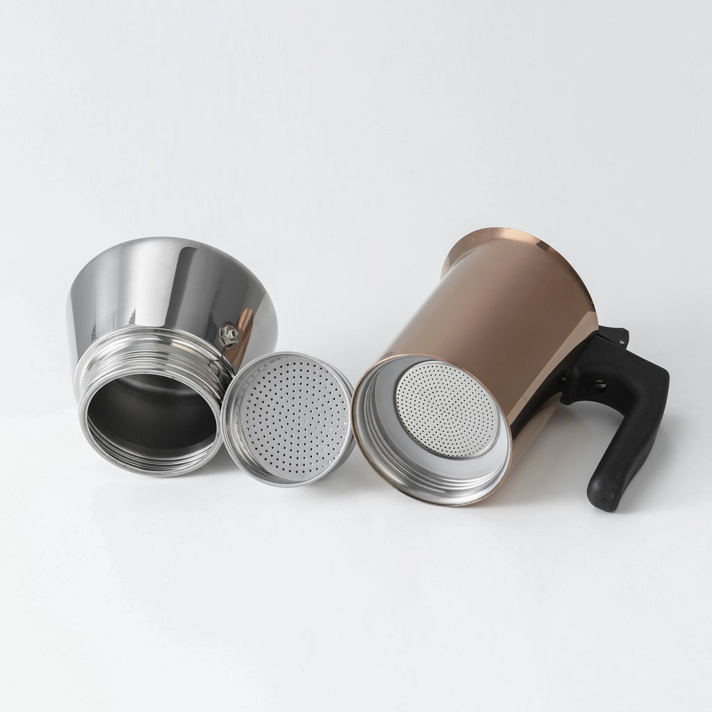 Gold Plated 6 Cup Moka Pot - Stainless Steel Italian Stovetop Espresso Maker, Dual Capacity 4-6 Cups, Induction Ready