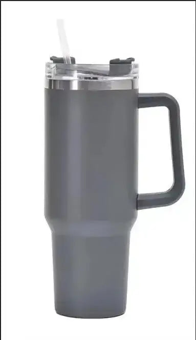 Gray insulated mug with handle on a white background