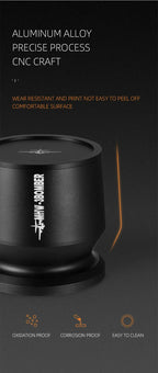 Coffee Dosing Funnel Aluminum Alloy Dosing Shaker dispensing grounds into a dripper on scale, fits 51-54mm portafilters, ideal for home baristas.