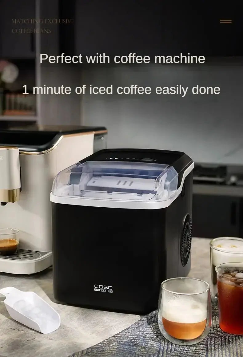 Coffee ice maker on a kitchen counter with text about its use with a coffee machine.