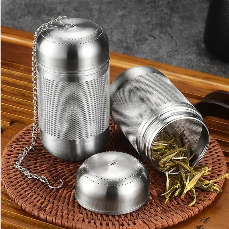 Stainless steel tea infuser with fine mesh design, ideal for brewing loose leaf tea. Durable and reusable for a perfect tea experience.