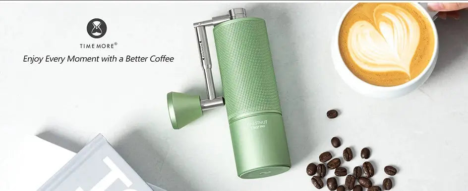 TIMEMORE Chestnut C3ESP PRO Manual Coffee Grinder with 25g capacity, all-metal body and steel burrs, shown with coffee beans and brewed espresso.