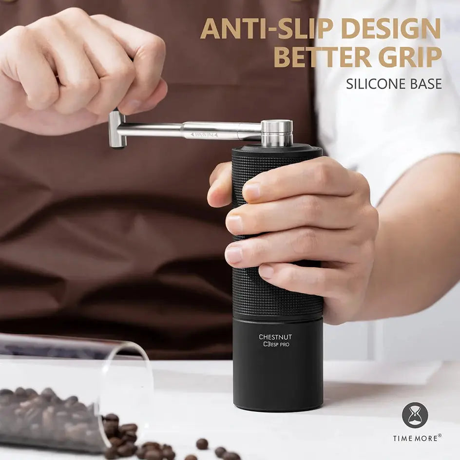 TIMEMORE Chestnut C3ESP PRO Manual Coffee Grinder with 25g capacity, all-metal body and steel burrs, shown with coffee beans and brewed espresso.