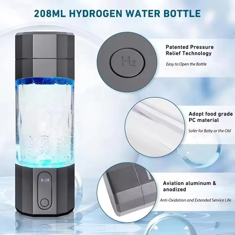 Hydrogen water bottle with features highlighted on a light blue background