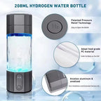 Hydrogen water bottle with features highlighted on a light blue background