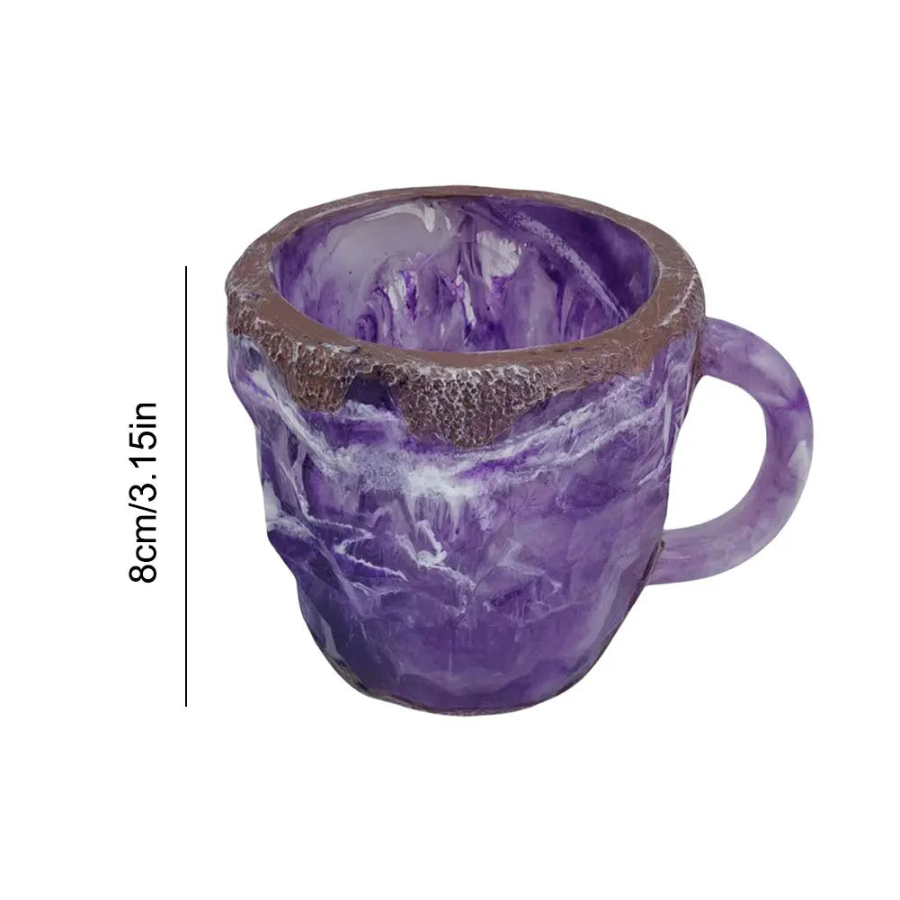 Purple textured mug with measurement details on a white background