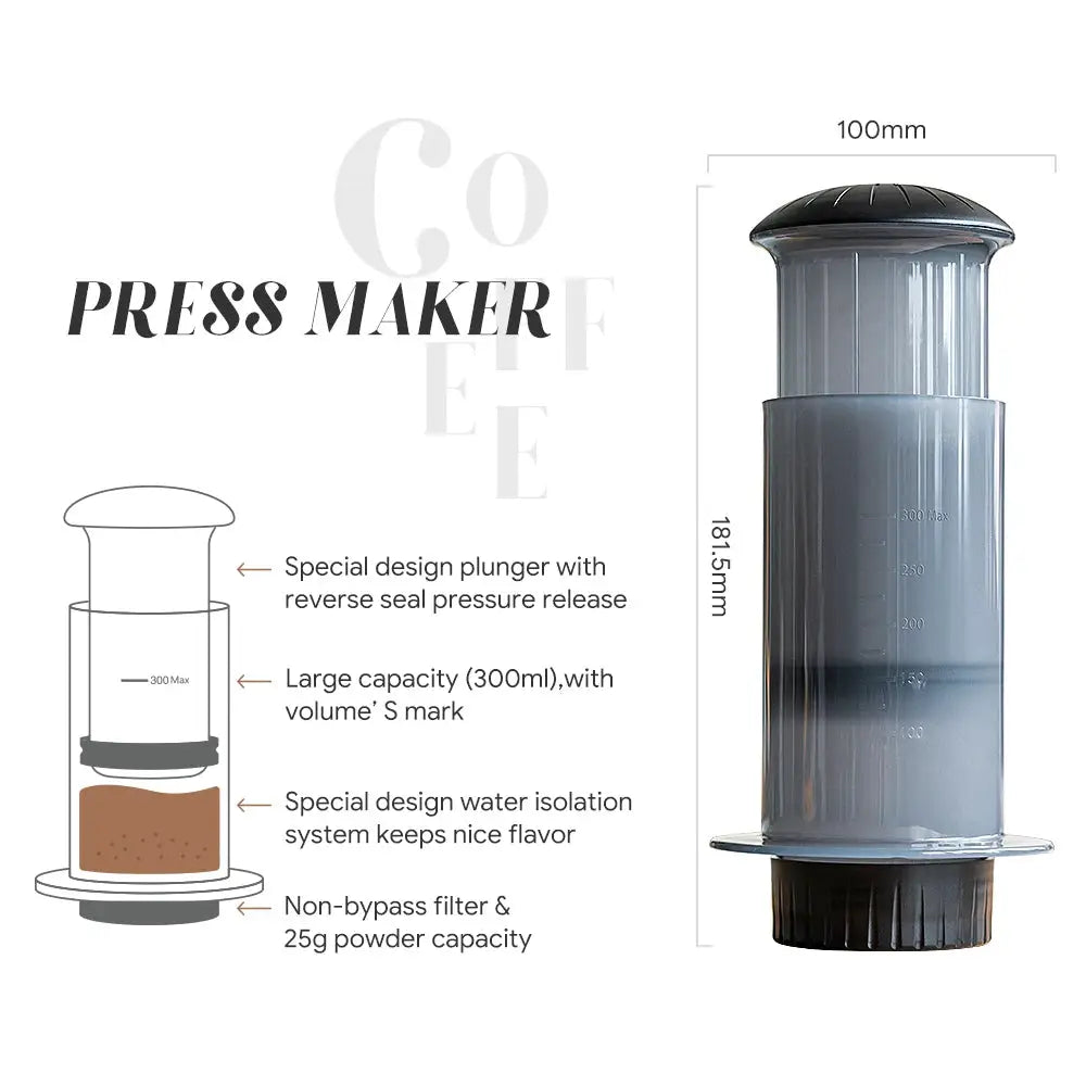 Coffee press maker with features and dimensions on a white background