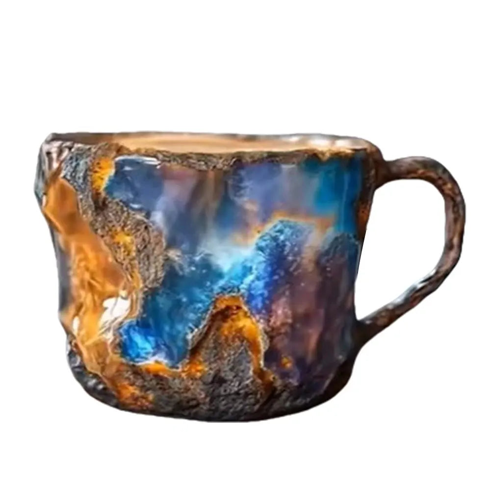 Mug with a unique, multicolored design on a white background