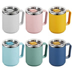Set of six colorful insulated mugs with lids on a white background
