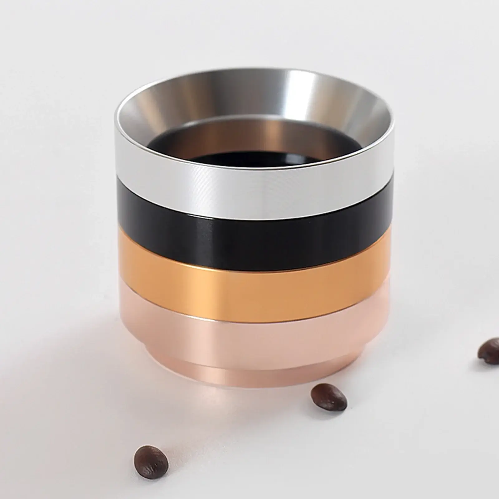 Metallic container with black and rose gold bands on a white background