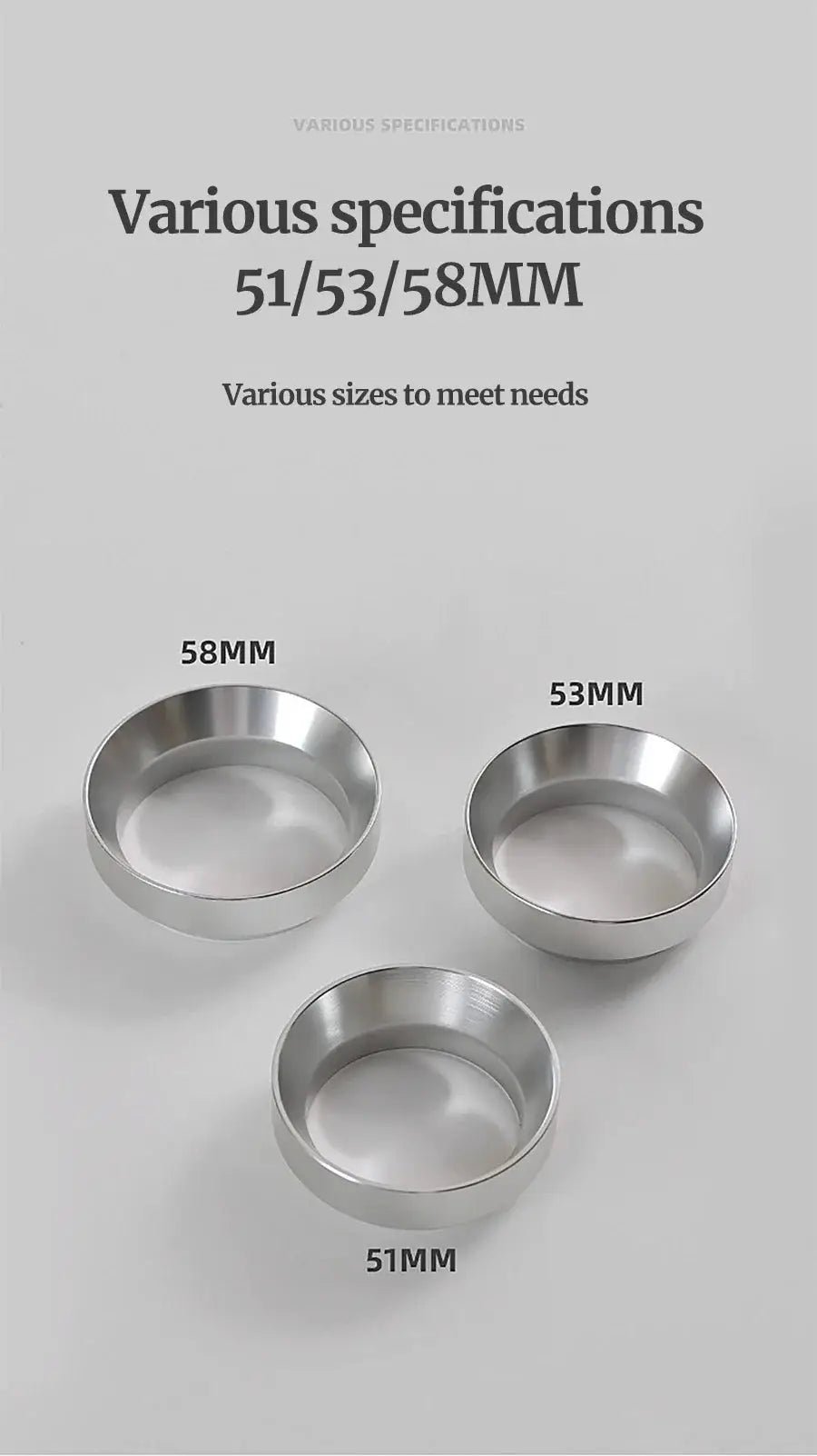 Three metal bowls of different sizes on a gray background with text indicating specifications.