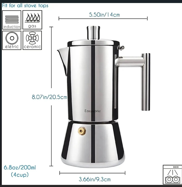 Easyworkz Diego stovetop Italian moka pot in 18/8 stainless steel with polished finish and induction-ready base