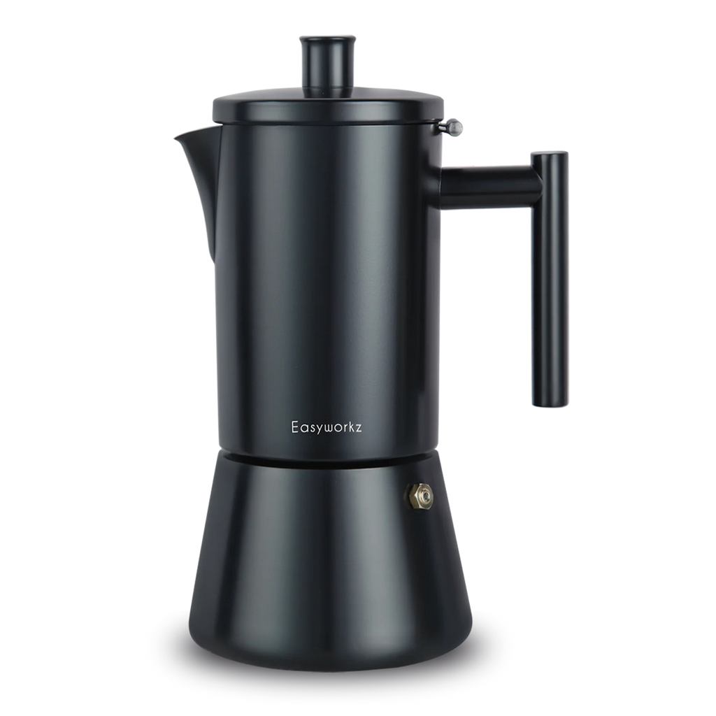 Black stovetop espresso maker with Easyworkz branding for home coffee brewing