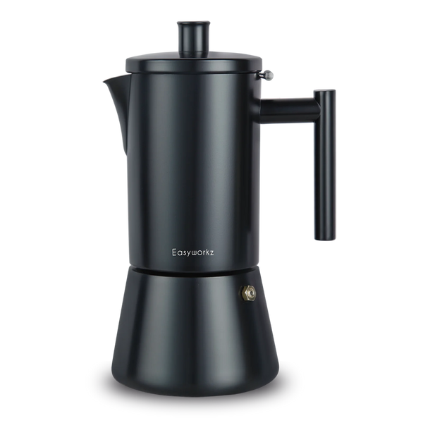 StepUp Diego stainless steel moka pot with black finish, induction-ready base, and classic Italian stovetop espresso design