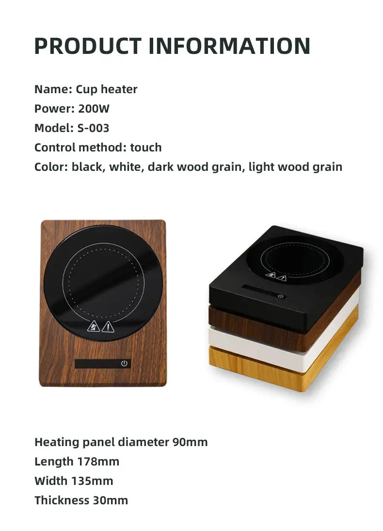 100°C Cup Heater Mug Warmer with 5 gear temperature settings shown warming a paper milk carton on a wooden heating pad for hot beverages.
