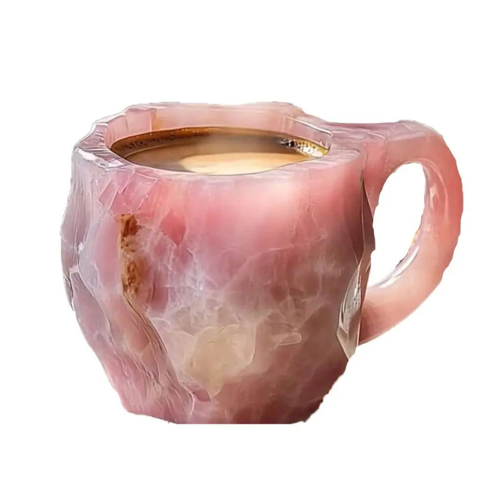 Colorful mineral crystal coffee mug with a unique, irregular shape and a comfortable handle, showcasing a rich, translucent finish.