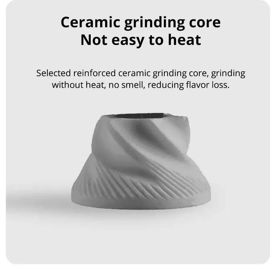 Reinforced ceramic grinding core designed to prevent overheating, ensuring consistent coffee grinding with minimal flavor loss.