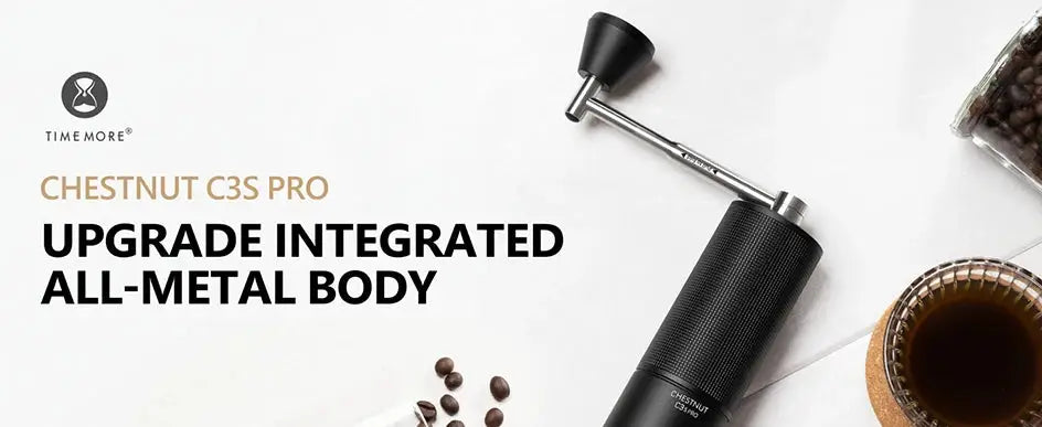 TIMEMORE Chestnut C3ESP PRO Manual Coffee Grinder with 25g capacity, all-metal body and steel burrs, shown with coffee beans and brewed espresso.
